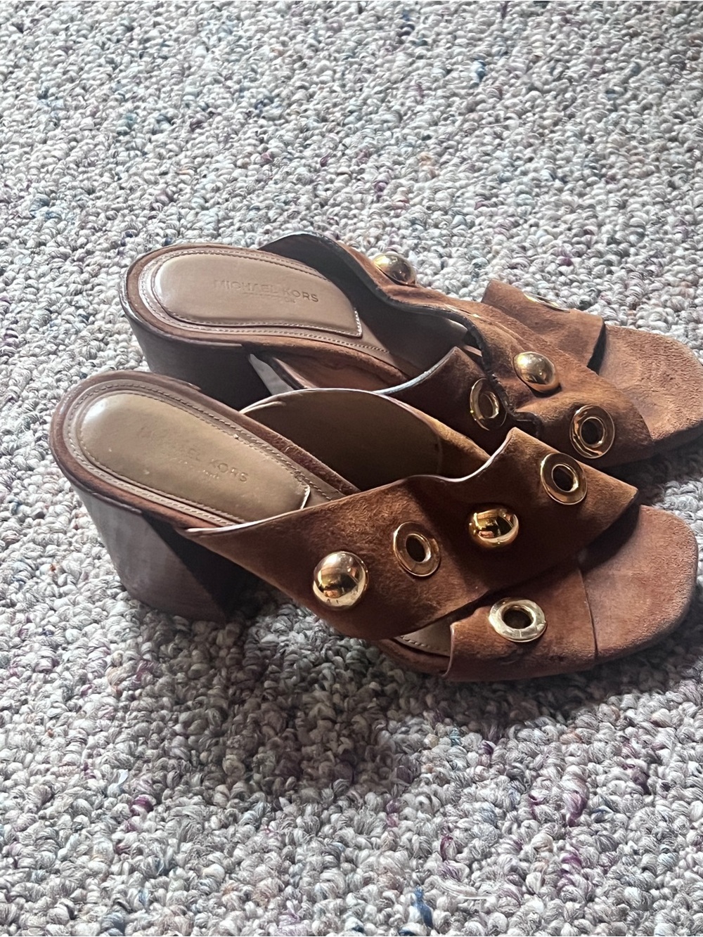Michael Kors Brown Suede Grommet Block Heel Mules